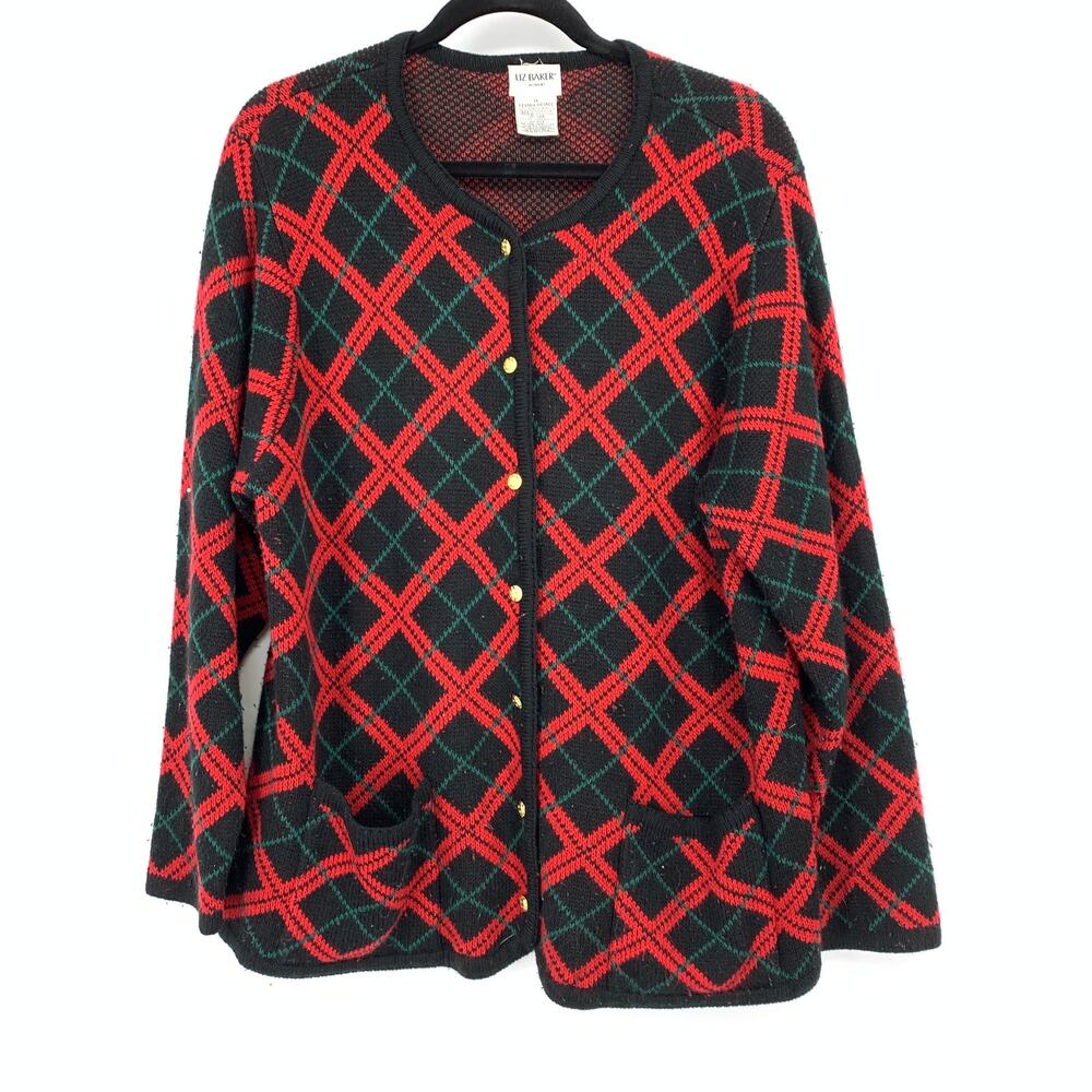 Liz Baker Holiday Sweater 1X Black Red Green Diamond Plaid Gold Tone Button Down